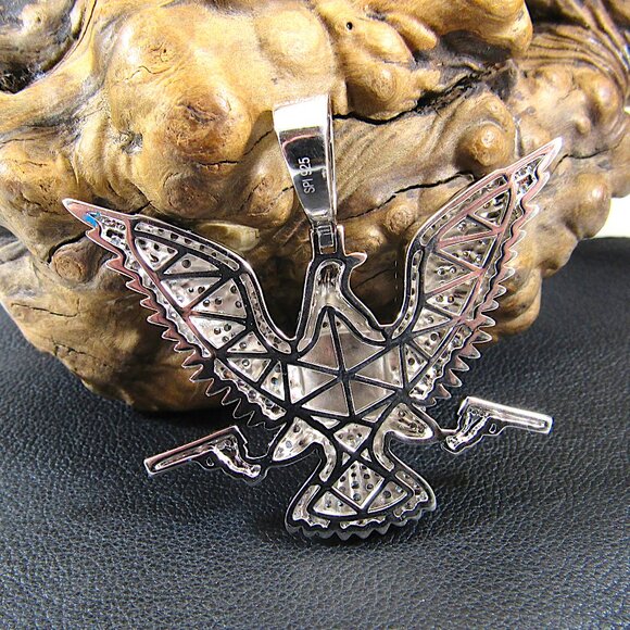 Solid 925 Sterling Silver Iced Out Rhodium Plated Patriotic Eagle & Flag Pendant - Picture 3 of 9